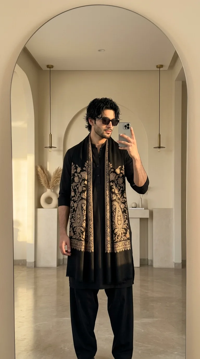 An ultra-realistic, cinematic full-body mirror selfie of a handsome young adult South Asian man in his mid-20s, photographed vertically