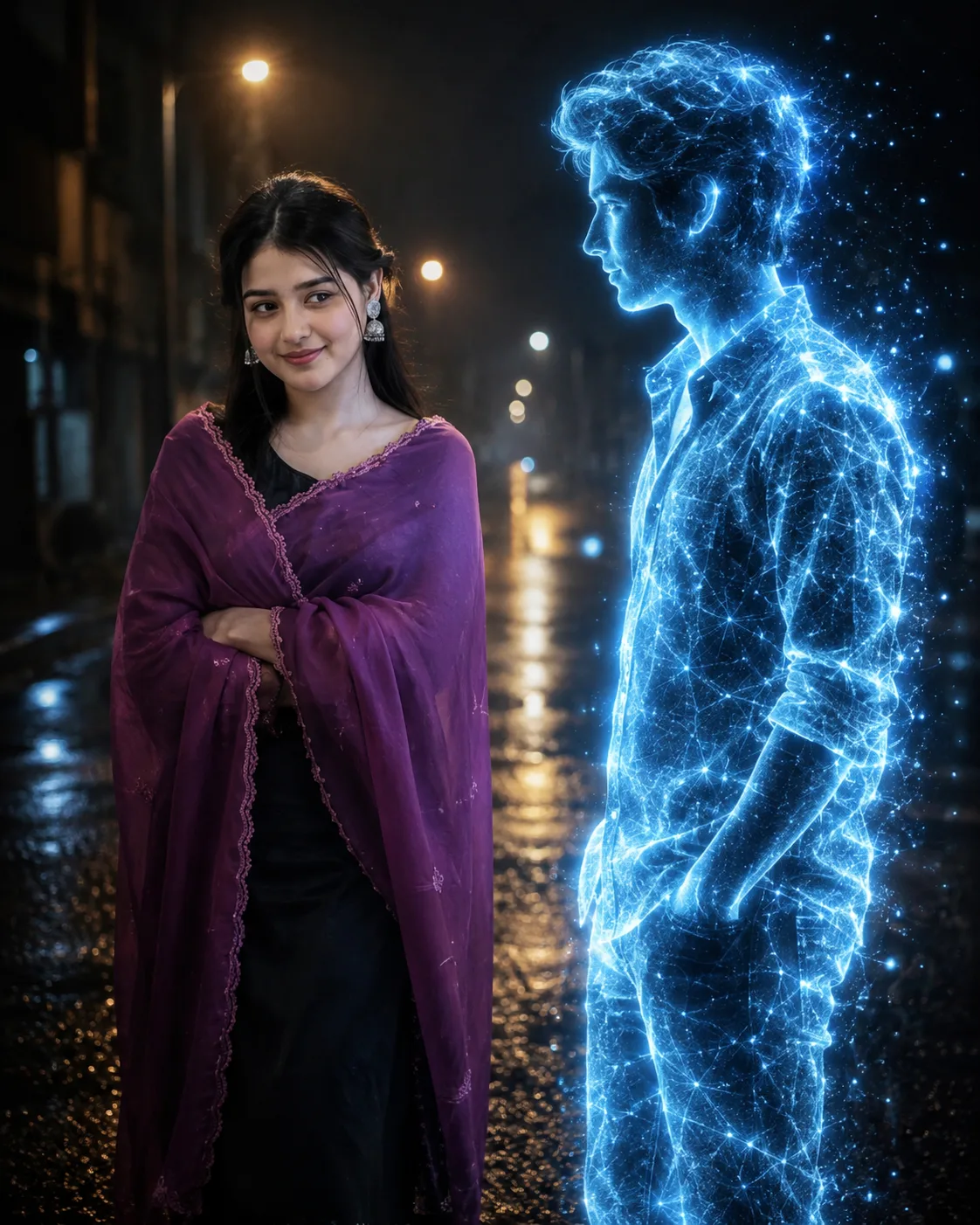 "A dual-portrait photograph set on a rain-slicked, dark street at night, preserving the exact lighting and composition of the reference.