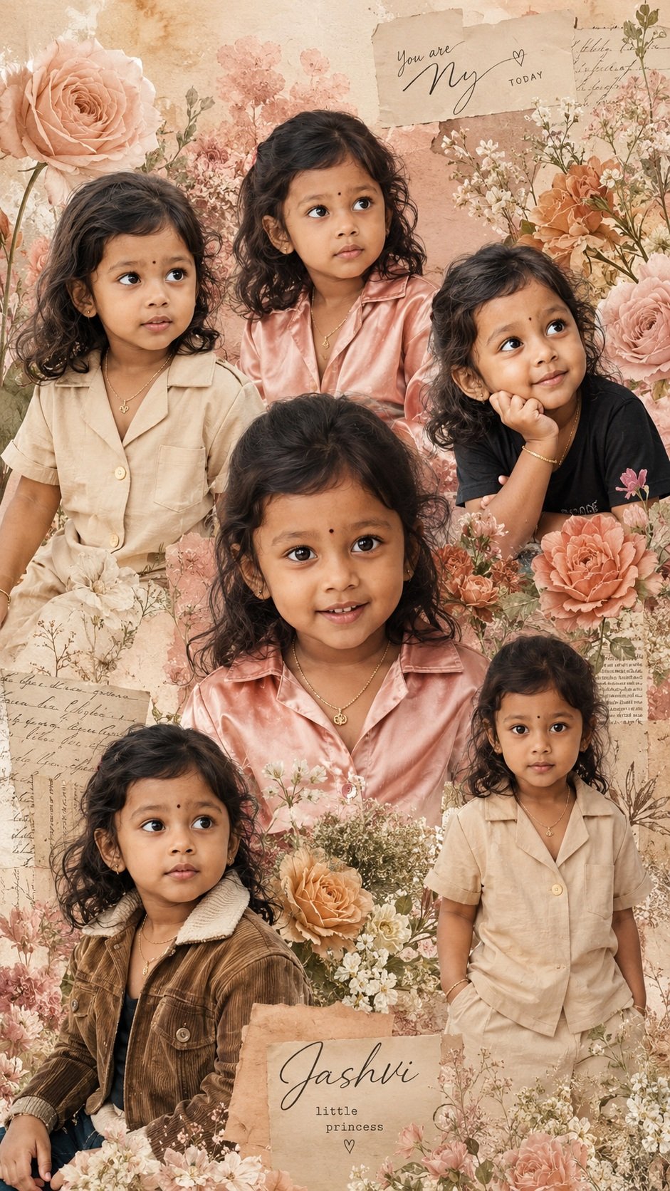 Ultra-realistic collage portrait of an adorable 3-year-old Indian baby girl with soft curly black hair, chubby cheeks, huge expressive