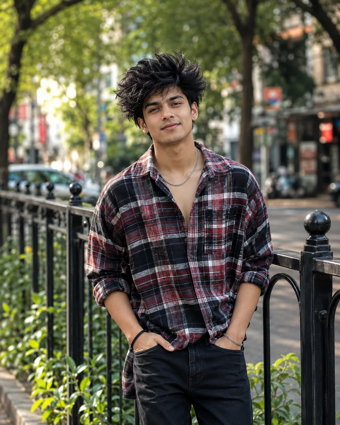 Create a highly realistic, ultra-detailed outdoor fashion portrait of a stylish young Indian man standing casually beside a black metal