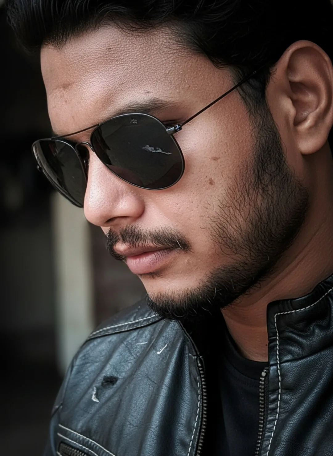 Ultra-realistic close-up portrait of a young Indian man with sharp facial features, medium-dark skin tone with visible pores and natural