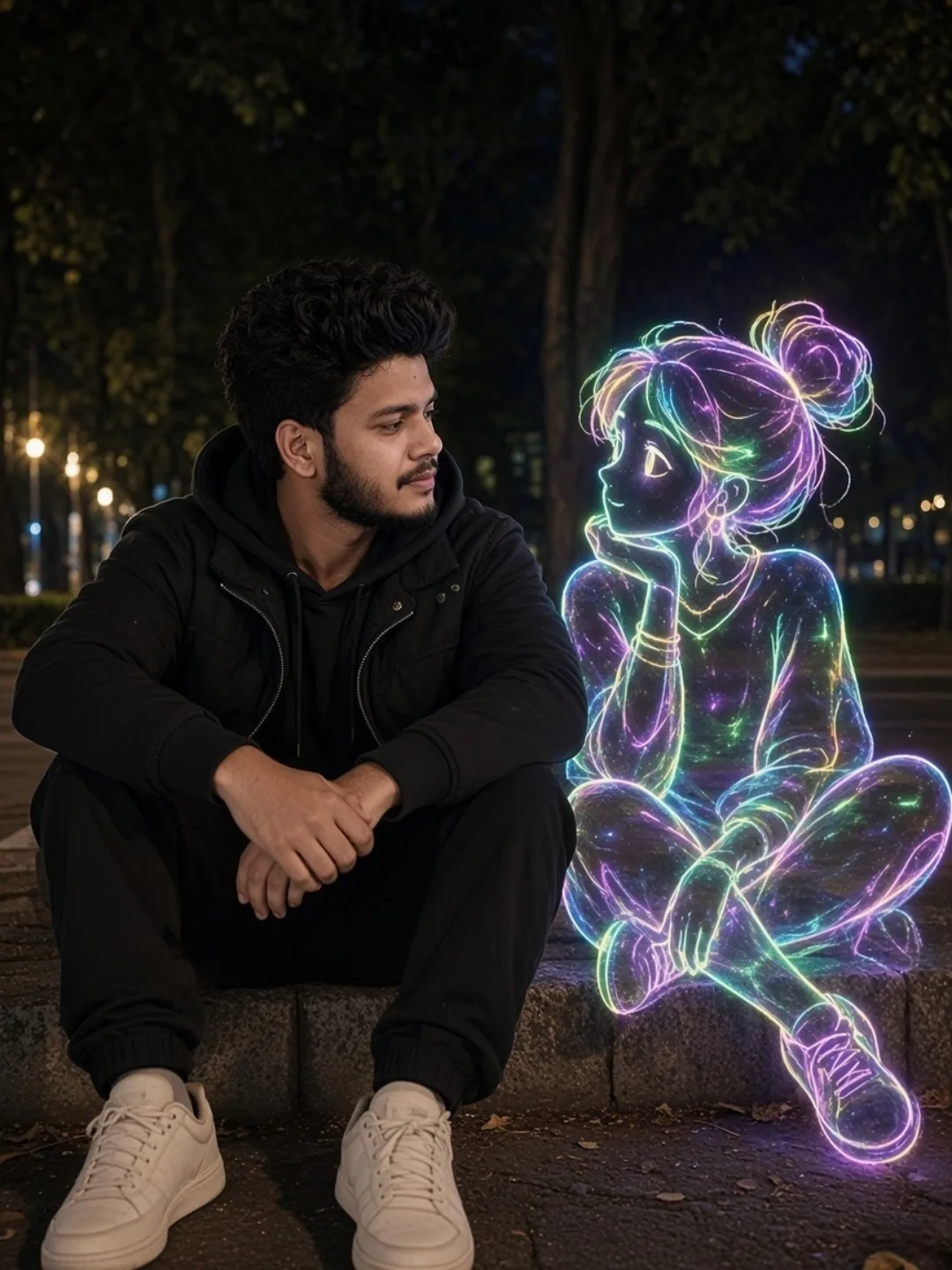 CLEAN PROMPT: REALISTIC INDIAN YOUNG MAN SITTING ON A STONE CURB AT NIGHT IN A DARK TREE-LINED PARK, FOREARMS RESTING ON KNEES, HEAD TURNED