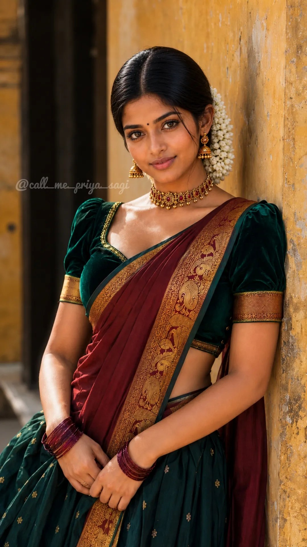 ✨ @call_me_priya_sagi 🫰💖 A beautiful young South Asian woman leaning against a rustic yellow wall, smiling gently at the camera.