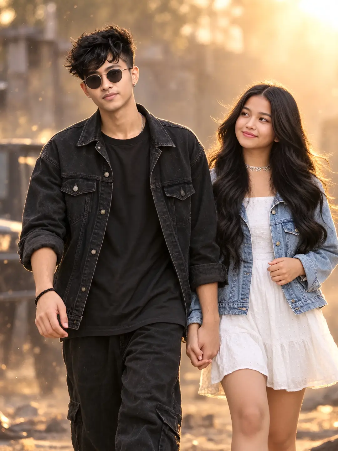 Ultra-realistic 4K cinematic half-body portrait Indian man, walking forward confidently while holding the hand of a beautiful young woman