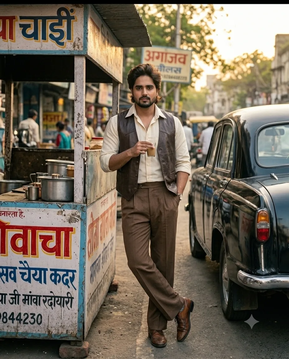 Create a highly realistic vertical 4:5 cinematic vintage 1980s Indian street photograph.