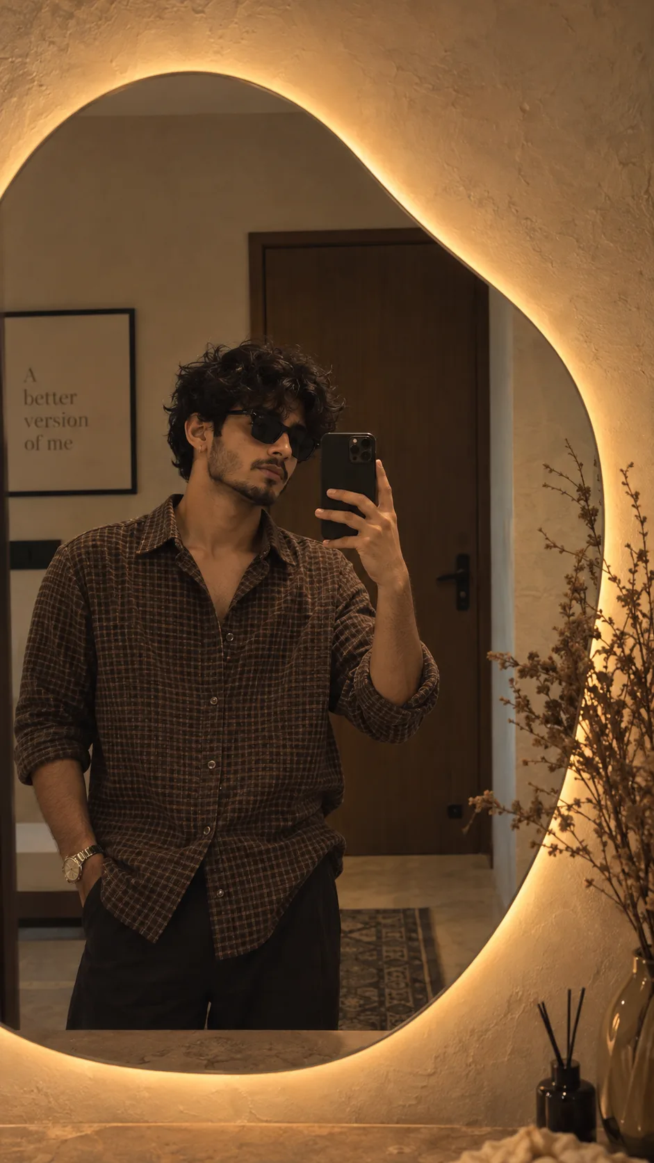 A stylish indoor mirror selfie of a young man with curly black hair, a trimmed beard and mustache, wearing black sunglasses and a brown