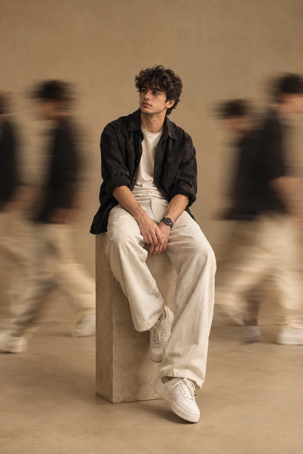 Create an ultra-realistic full-body fashion editorial portrait of a young man sitting casually on a tall rectangular beige concrete