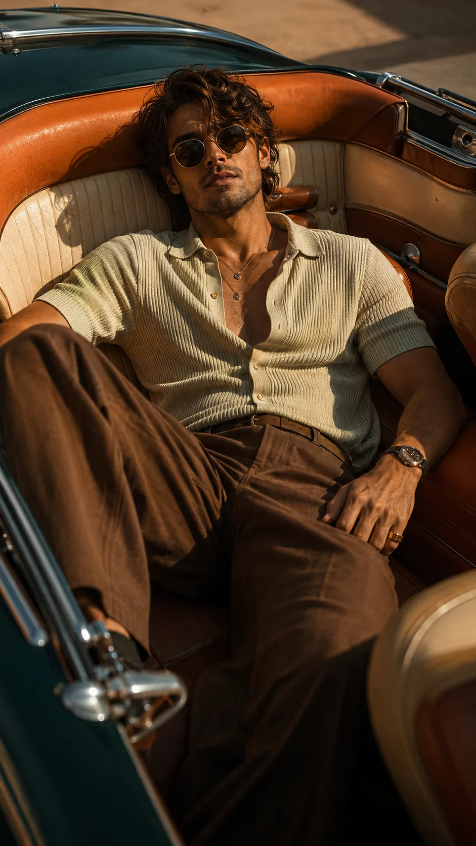 Photorealistic cinematic fashion editorial photograph of a stylish young adult man reclining casually inside a vintage luxury convertible,
