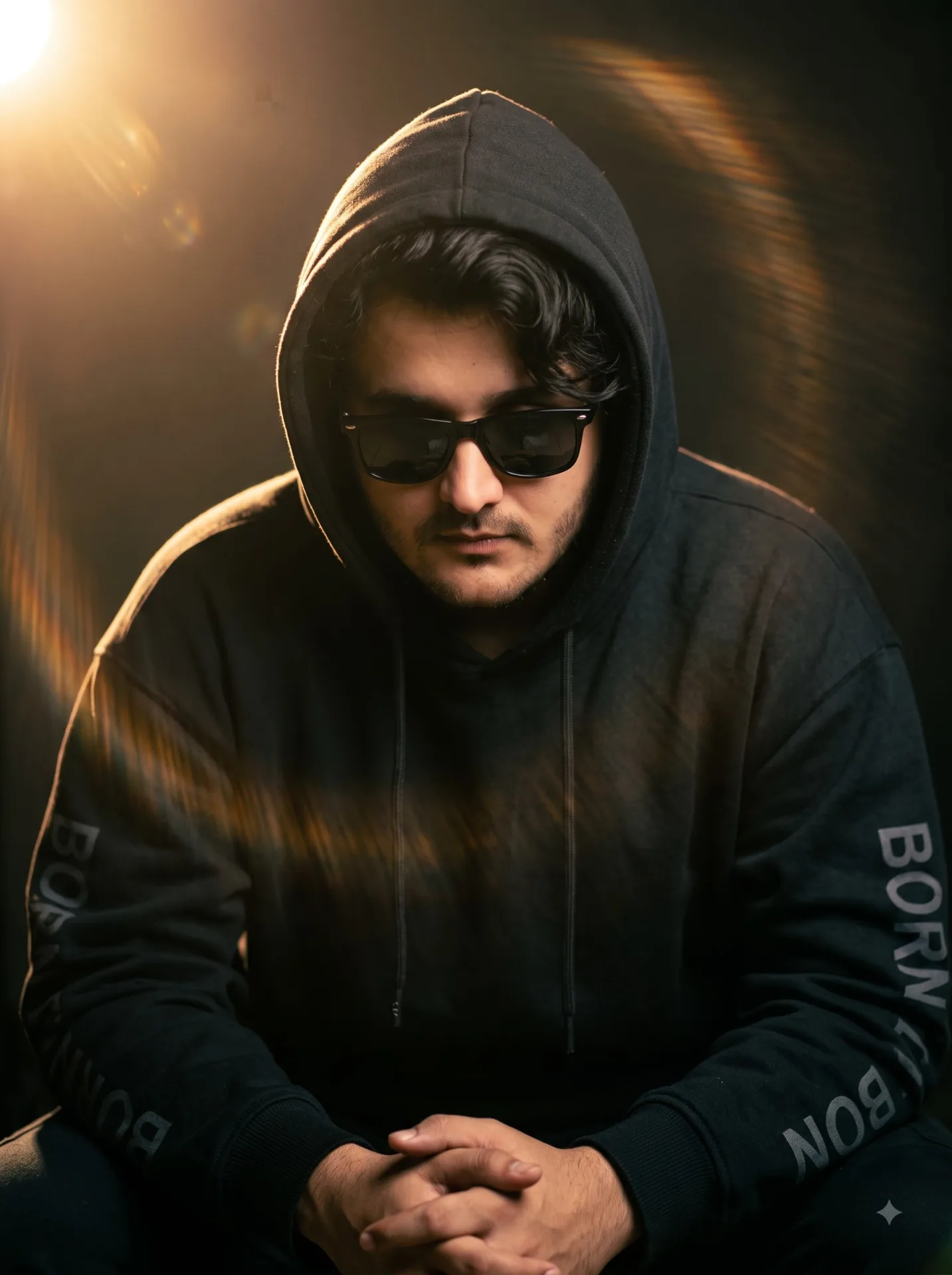 A cinematic, moody portrait of a young man sitting with his head slightly bowed, wearing a dark oversized hoodie with the hood pulled up,