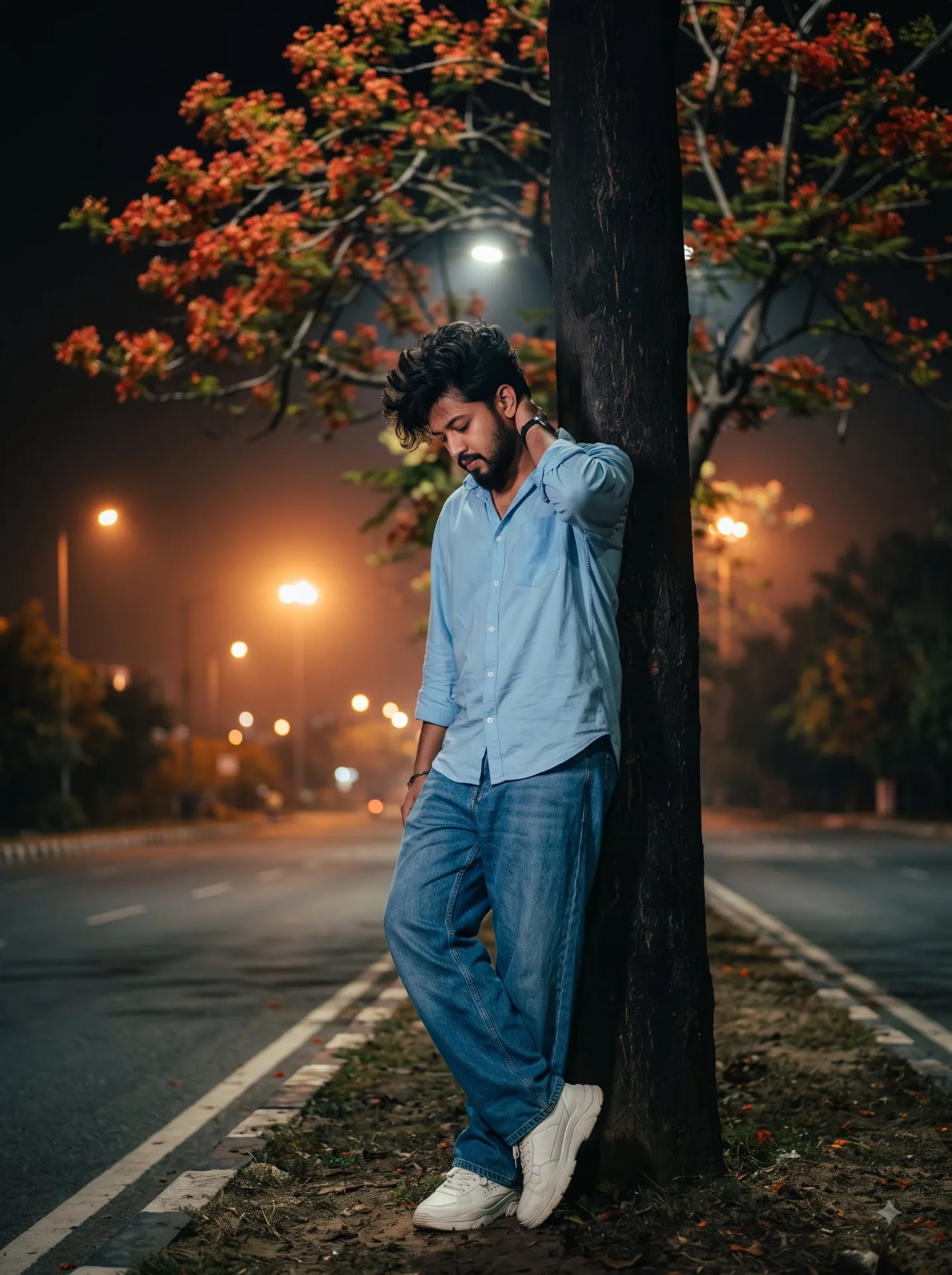 Ultra-realistic cinematic portrait of a young man standing alone left beside leaning tree a quiet highway at under a red-orange flowering
