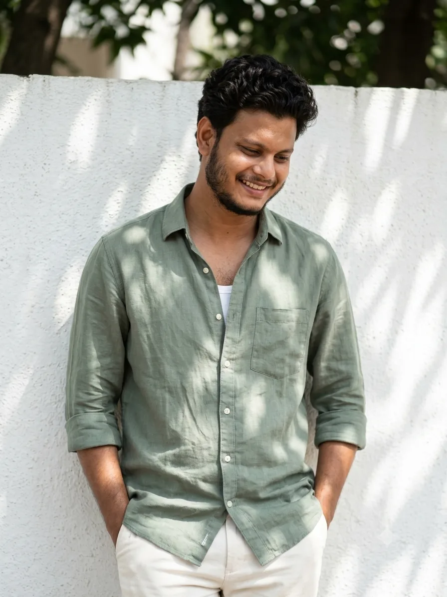 Prompt: A young South Asian man with curly black hair and a short beard, smiling softly while looking downward to the side, leaning
