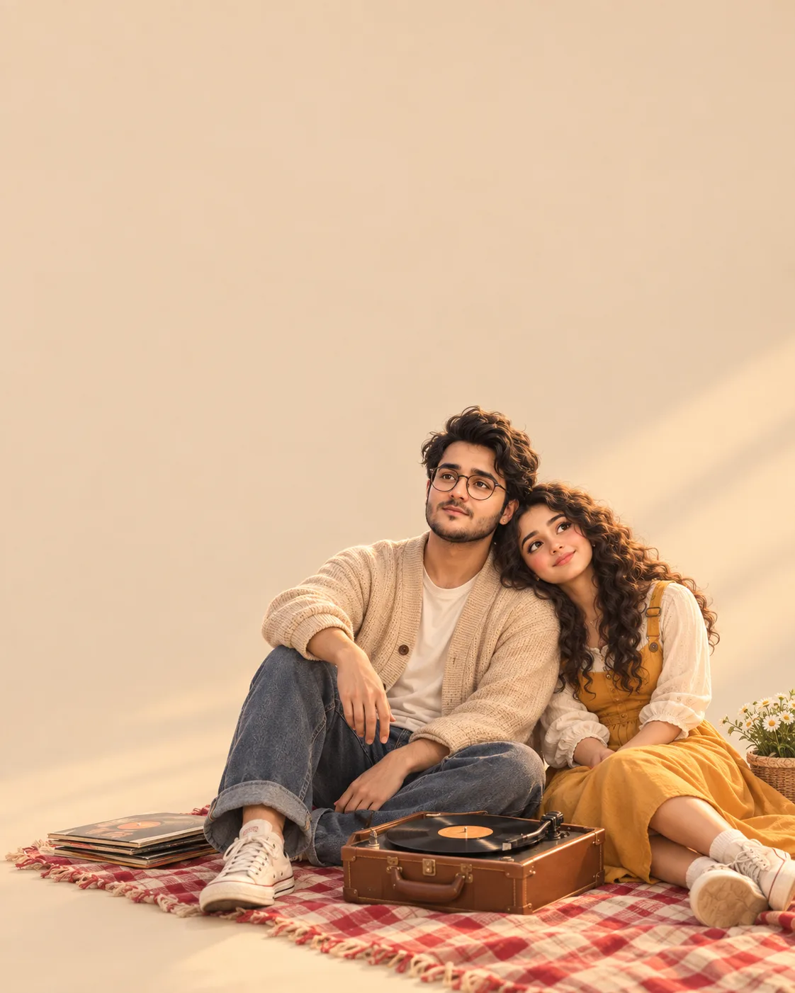 WARM MINIMALIST 3D ANIMATED EDITORIAL FULL-BODY ILLUSTRATION OF A CUTE YOUNG COUPLE SITTING TOGETHER FULL-BODY ON THE LOWER-RIGHT SIDE ON A