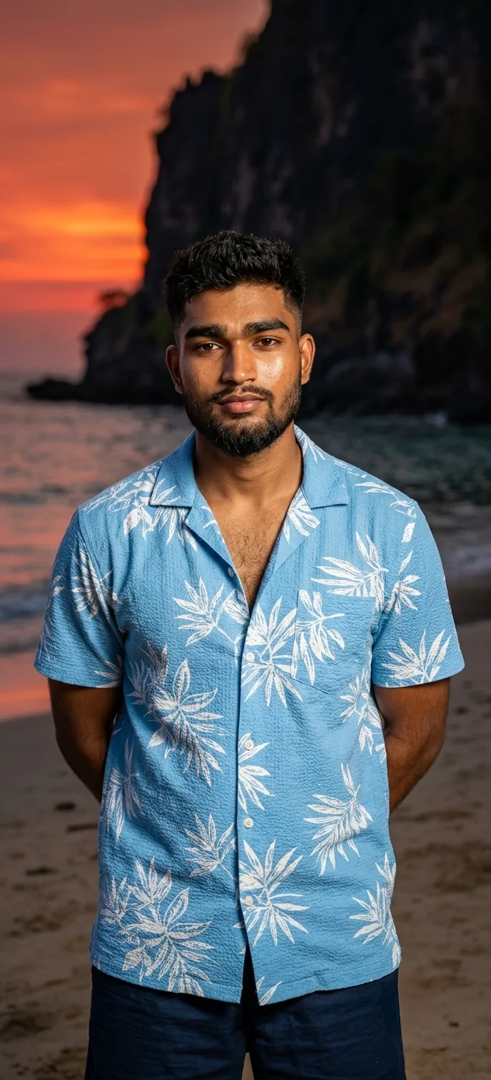 A photorealistic, high-resolution waist-up outdoor cinematic portrait of a handsome, stylish young South Asian man standing outdoors on a
