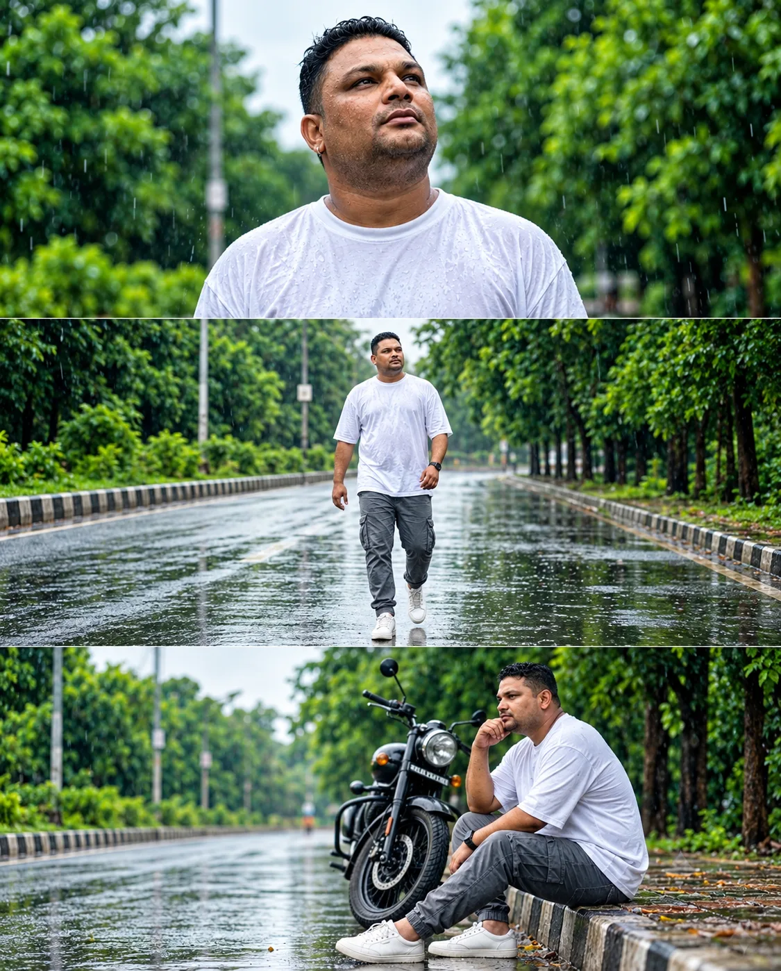 A man is seen walking alone along a quiet, rain-swept road.