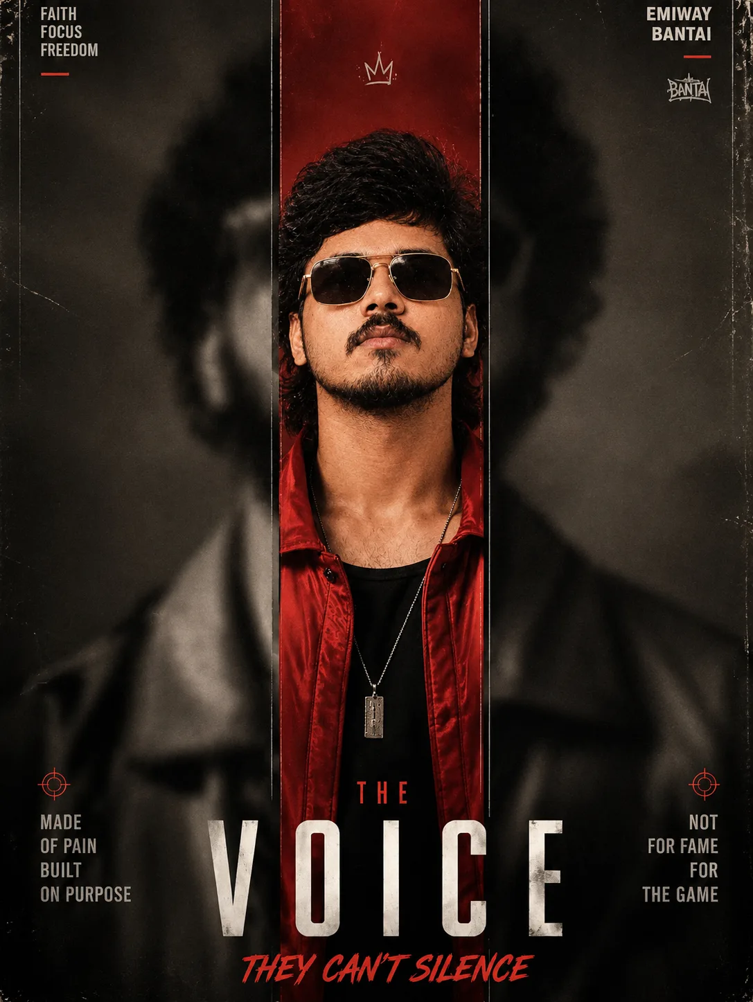 Create a cinematic vertical 4:5 music-poster style portrait of a powerful young South Asian man wearing black sunglasses, a black shirt,