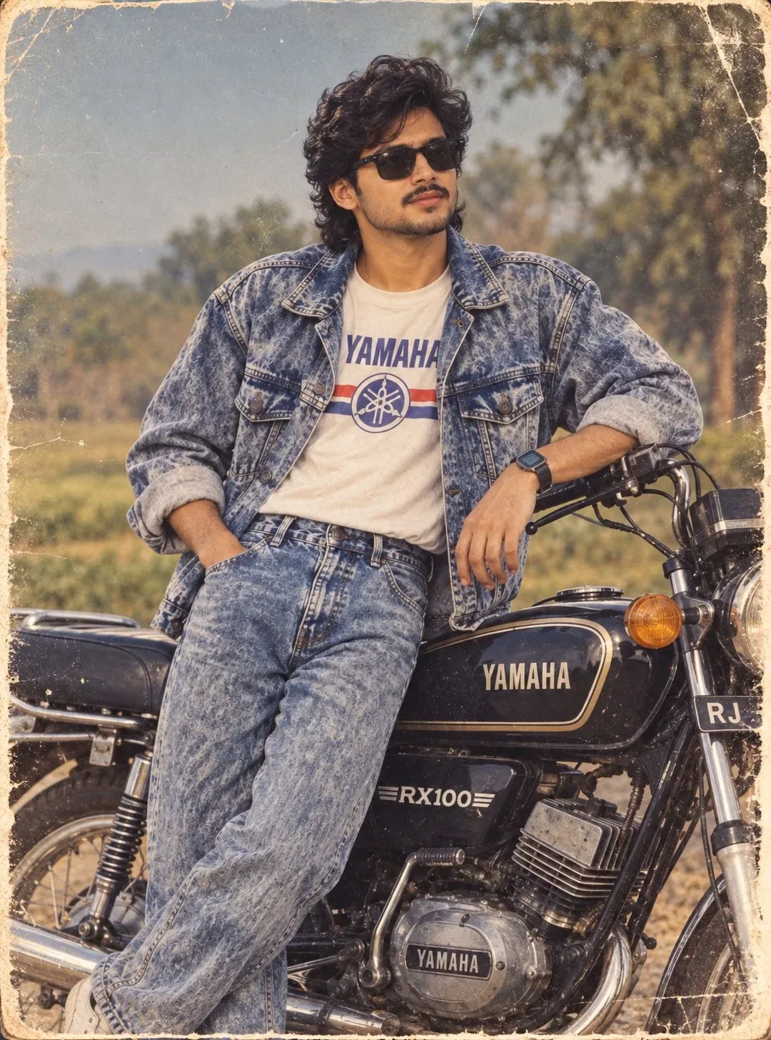 Create an ultra-realistic vertical 4:5 vintage Indian portrait that looks like a genuine photograph captured and printed in the 1980s.