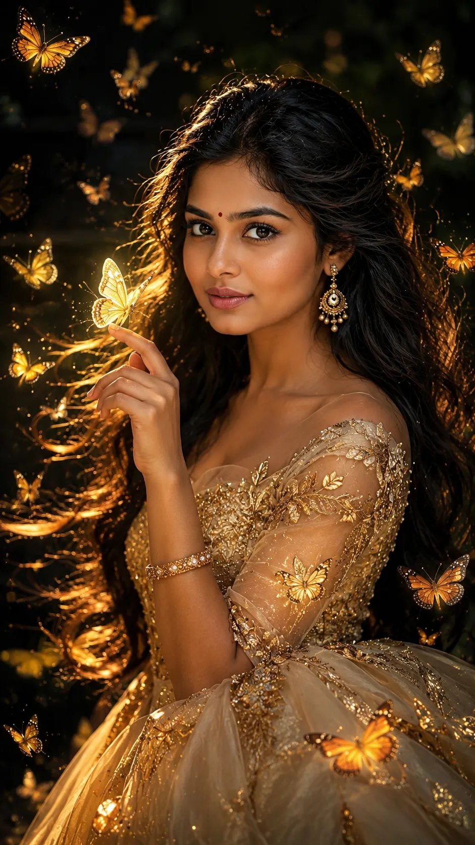 ✨ Azhagi in adventure look🦋 Create 8K ultra-photorealistic cinematic editorial portrait 9:16 closeup half body princess dress of agirl in