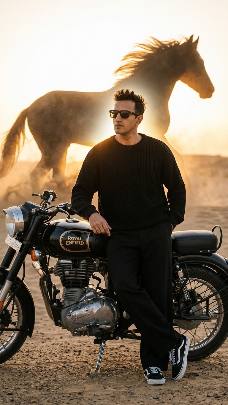 A cinematic editorial portrait of a young man with curly hair and a trimmed beard, wearing black sunglasses, a loose black sweater, black