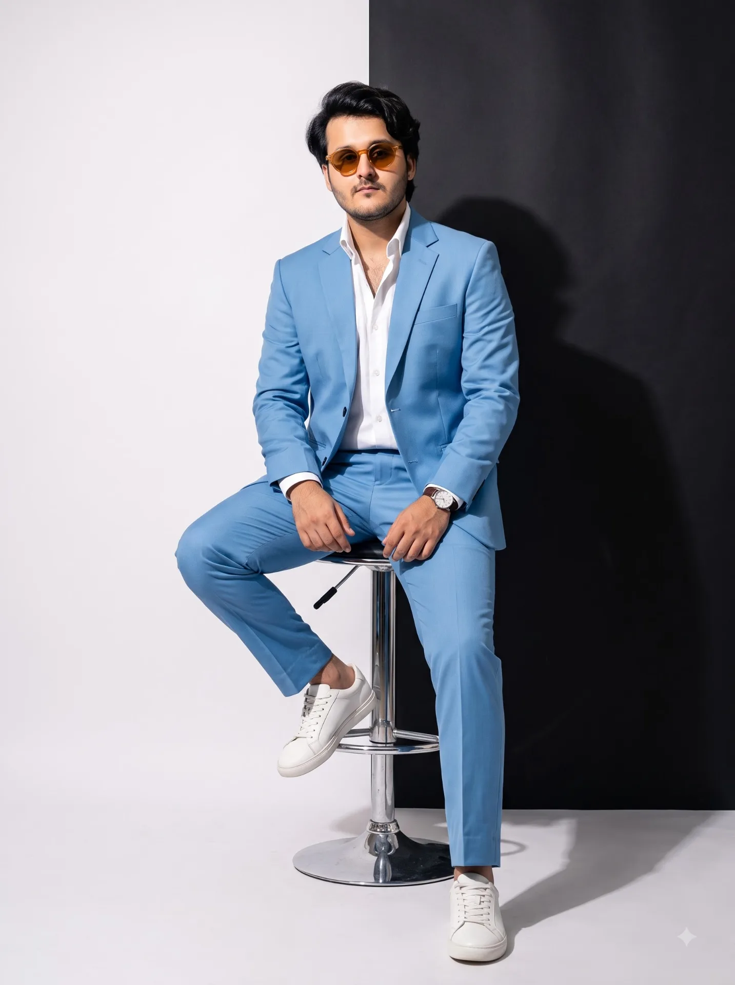 A photorealistic full-body editorial fashion studio portrait of a confident young South Asian man, well-groomed with sharp jawline and