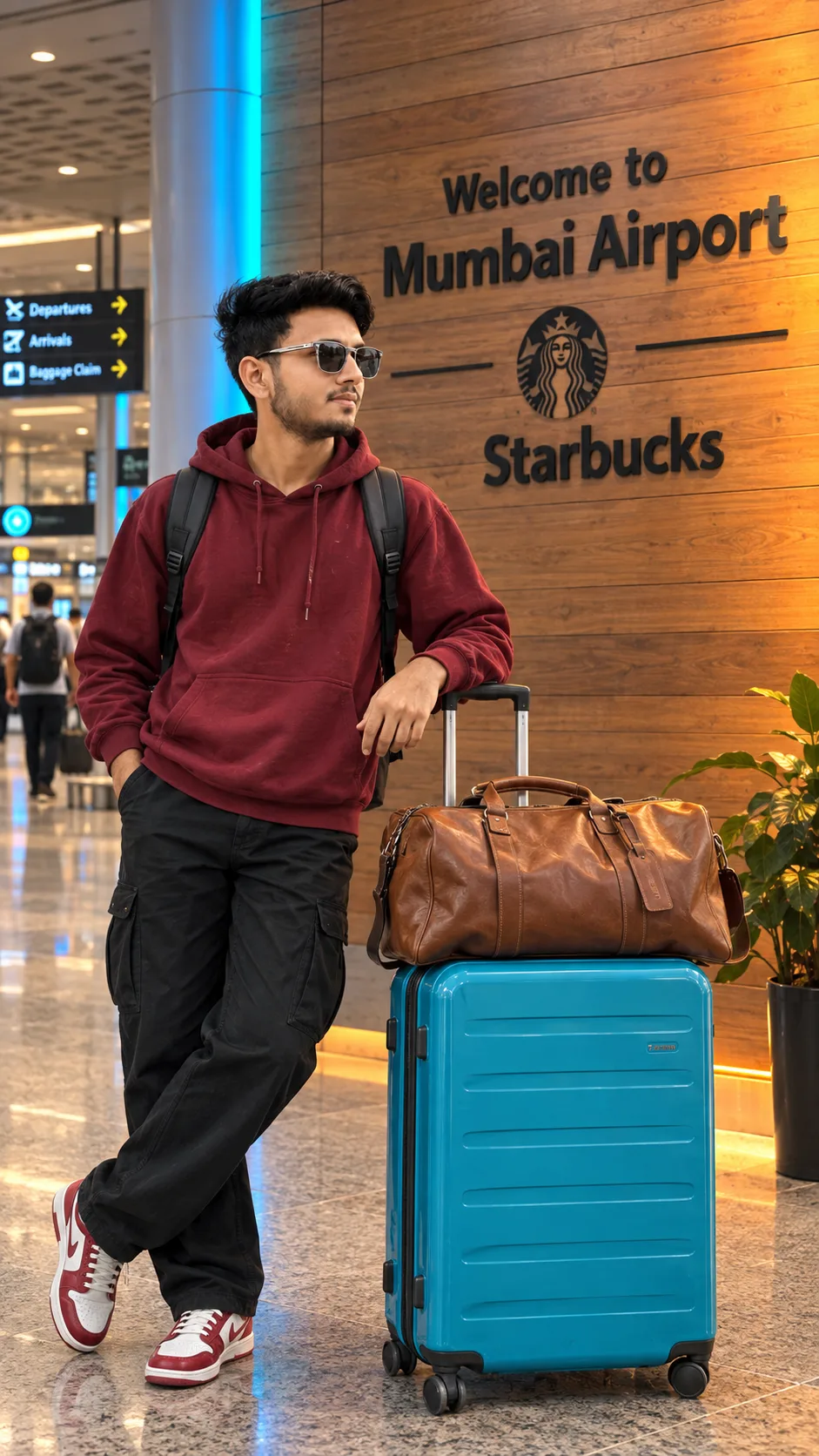 Create a highly realistic, ultra-detailed cinematic travel photograph of a young Indian man casually posing inside an airport beside his