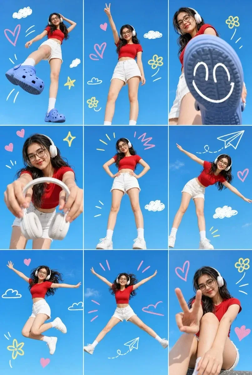 A 3x3 grid collage containing nine separate photos of a single young Asian woman From the uploaded image with a light skin tone, styled for