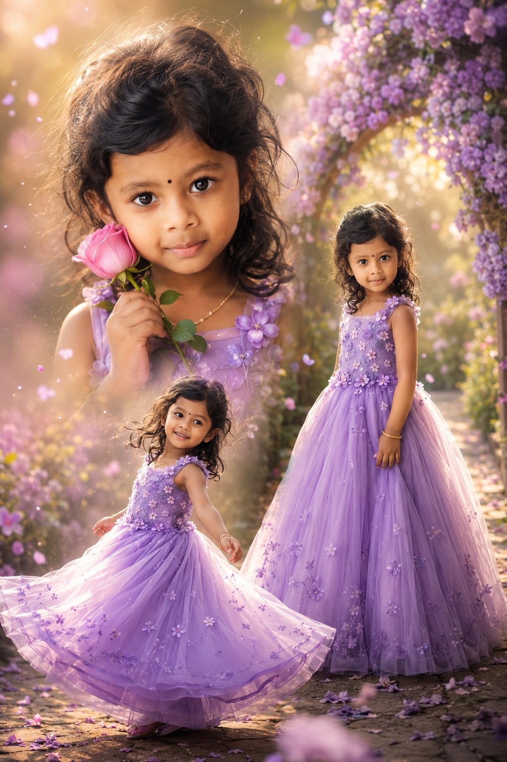 Ultra-premium luxury 3-photo portrait collage featuring the same adorable Indian little girl, age 4-5, with curly black hair, sparkling