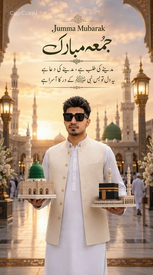 A premium, highly realistic Jumma Mubarak Islamic poster featuring a young man with white sunglasses.