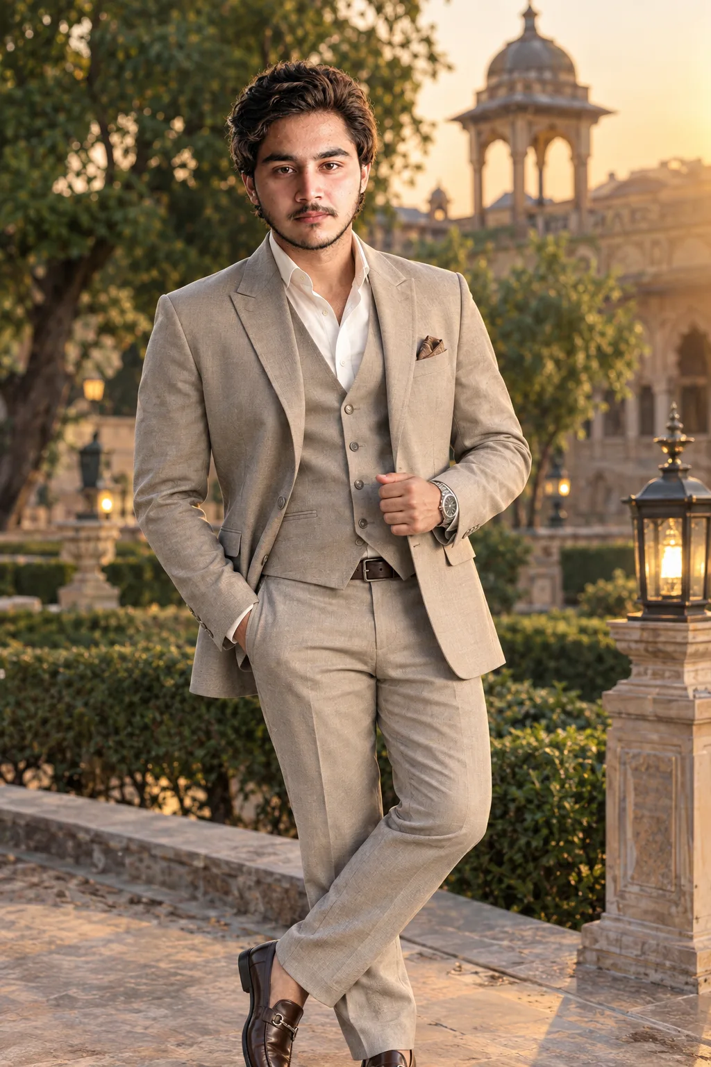 > Create a highly realistic 4K/8K UHD premium fashion editorial portrait of a handsome young South Asian man standing confidently in an