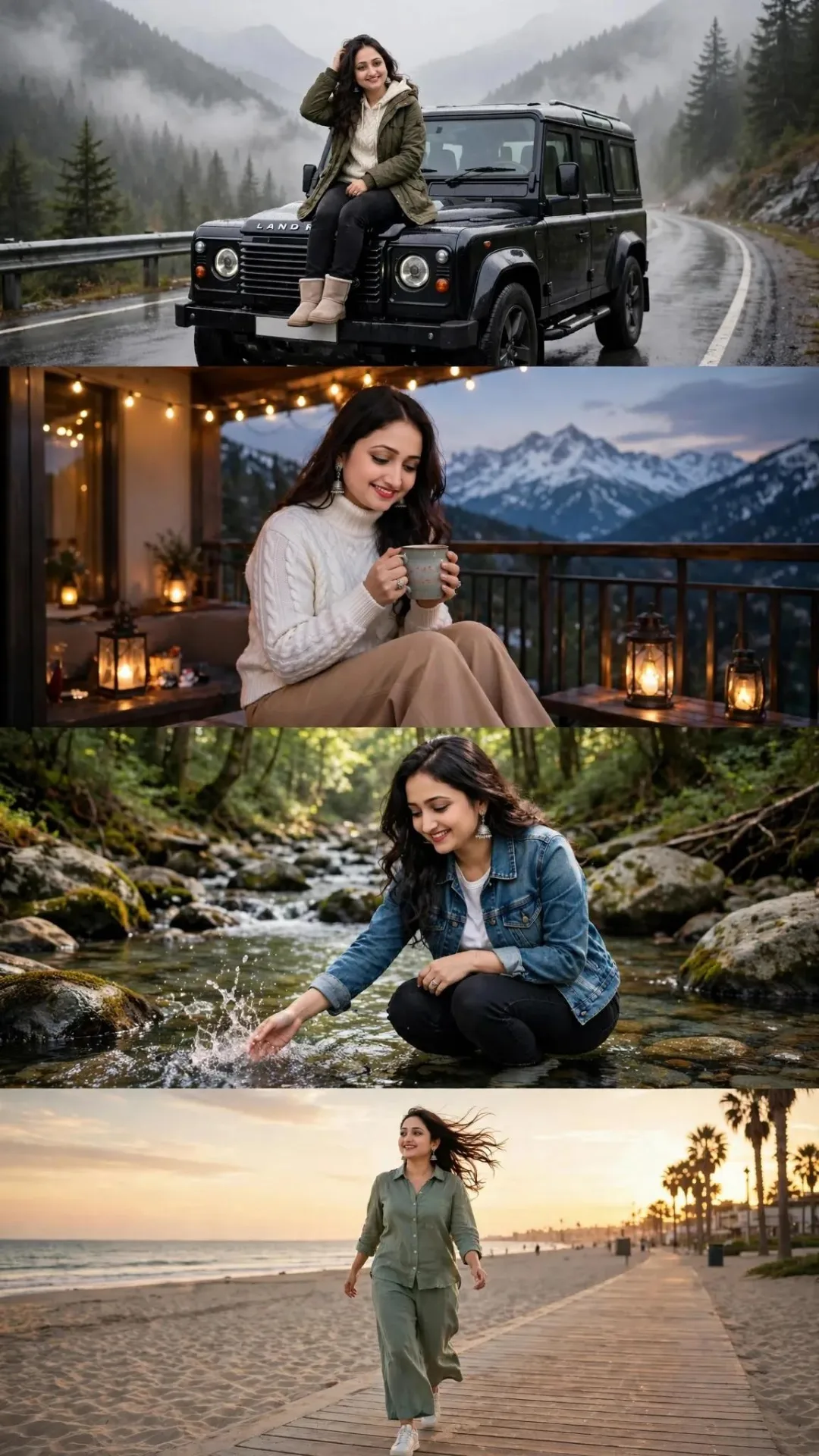 Photorealistic vertical 1x4 photo collage of a young South Asian woman on a travel getaway.