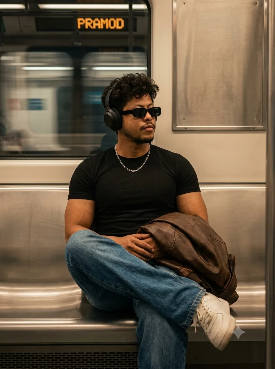 A cinematic portrait of a young South Asian man sitting in a modern metro subway train, preserved exactly as the reference composition.