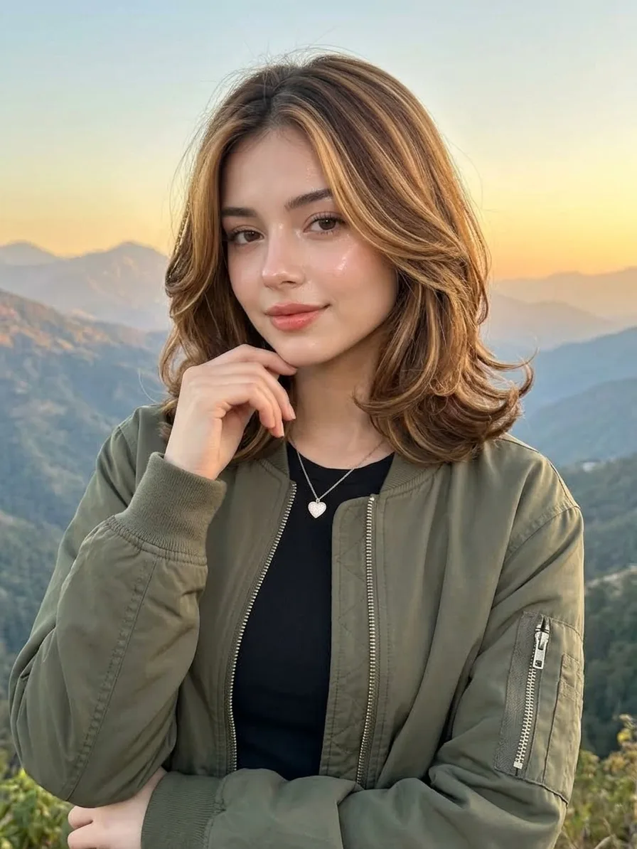 > **A high-resolution, photorealistic portrait of a young woman with a warm-toned, wavy long bob (lob) haircut featuring extensive