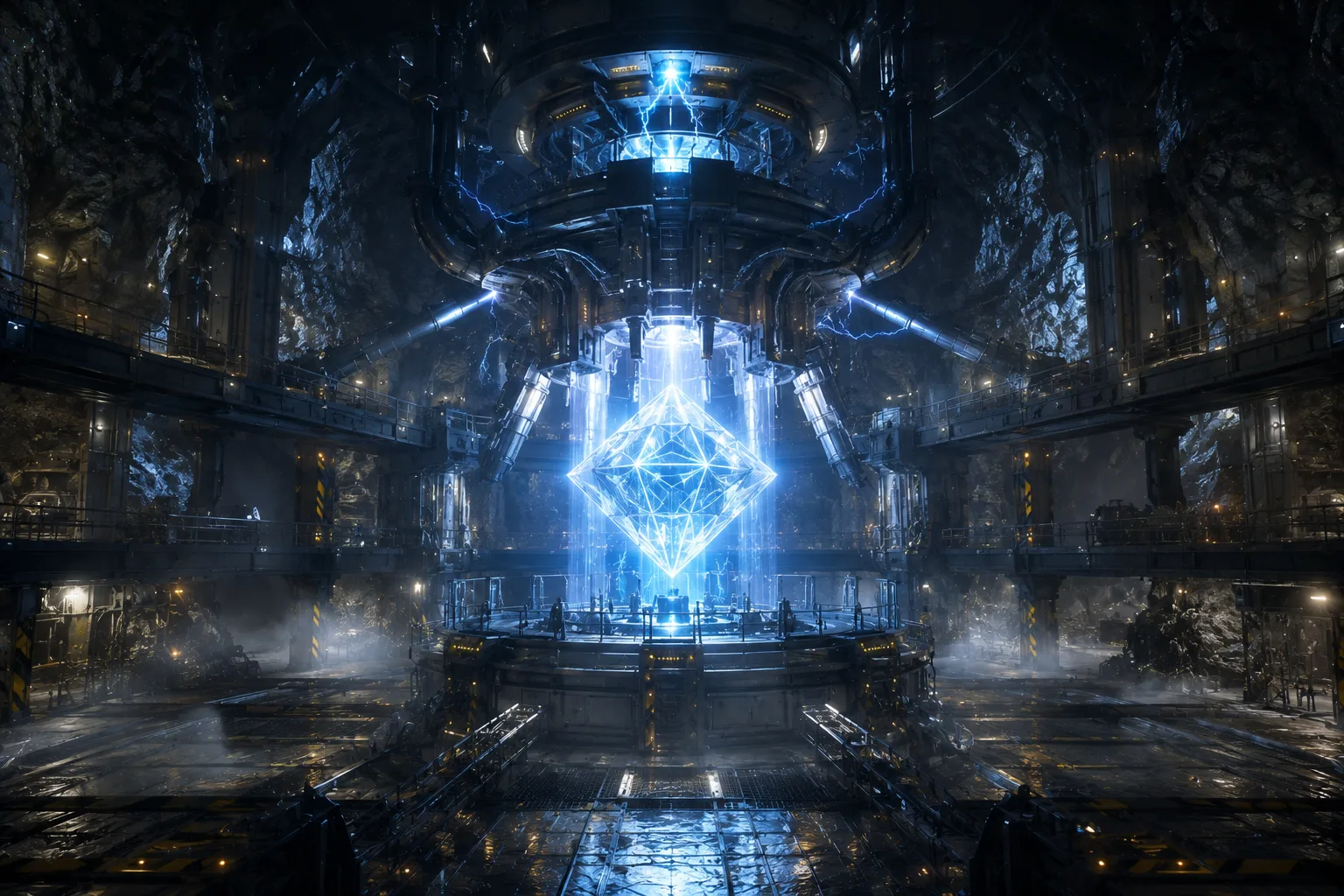 Advanced futuristic energy reactor inside a massive underground facility, glowing geometric energy core, metallic structures, electric