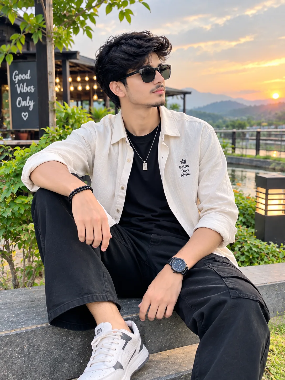 A stylish young South Asian man wearing a trendy beige overshirt over a black T-shirt, black cargo pants, white sneakers, sunglasses and