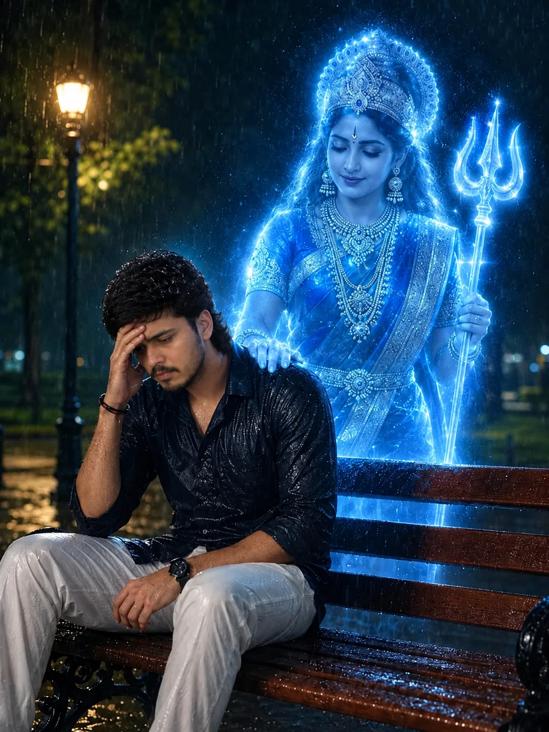 Create an ultra-realistic cinematic devotional portrait of a young South Asian man sitting alone on a wet wooden park bench during a rainy