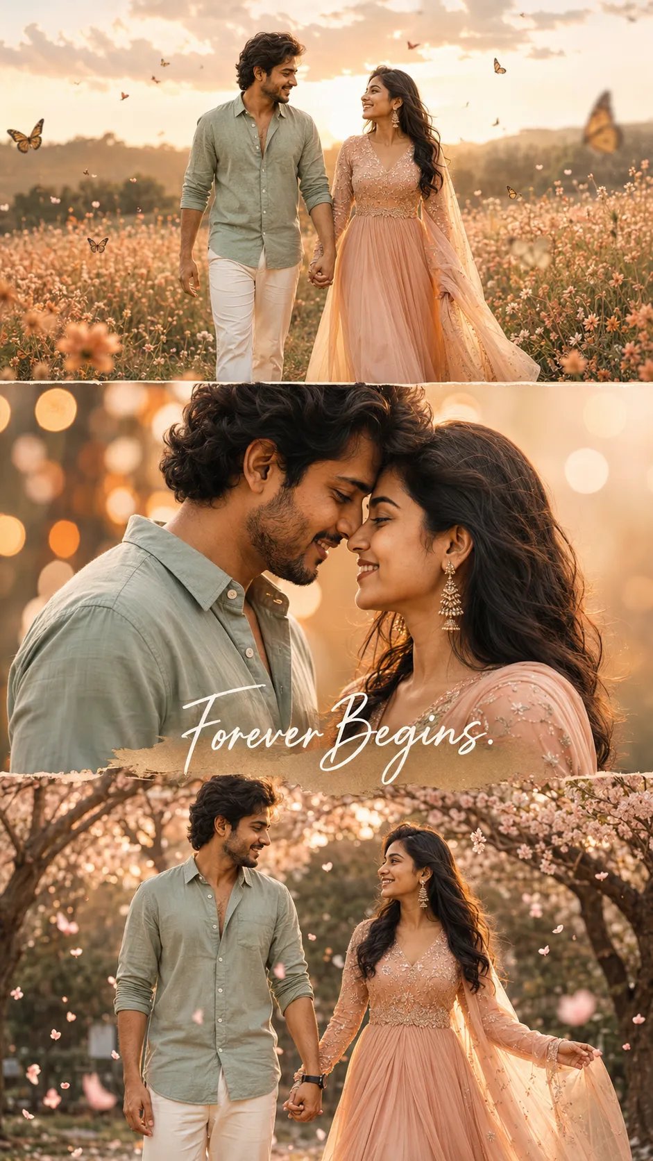 9:16 romantic cinematic collage of a stylish Indian couple.