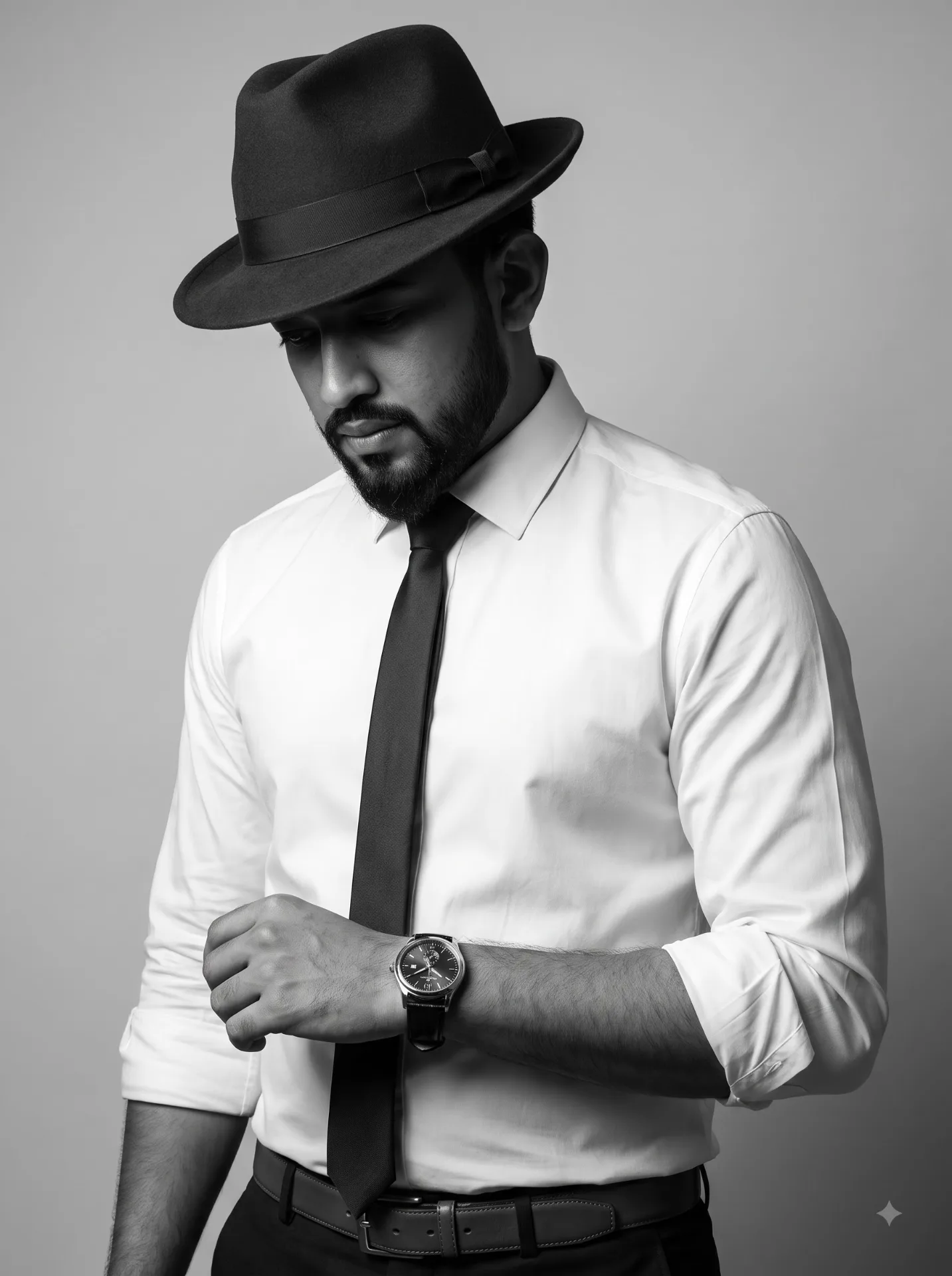 A professional black and white studio portrait of a classy man looking down.