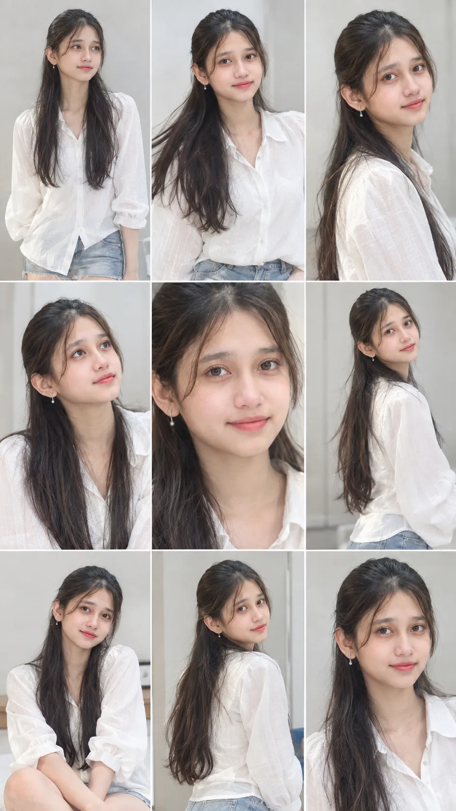 Ultra realistic photograph of the same young Korean female idol in a 3x3 grid collage containing nine distinct portrait photographs,