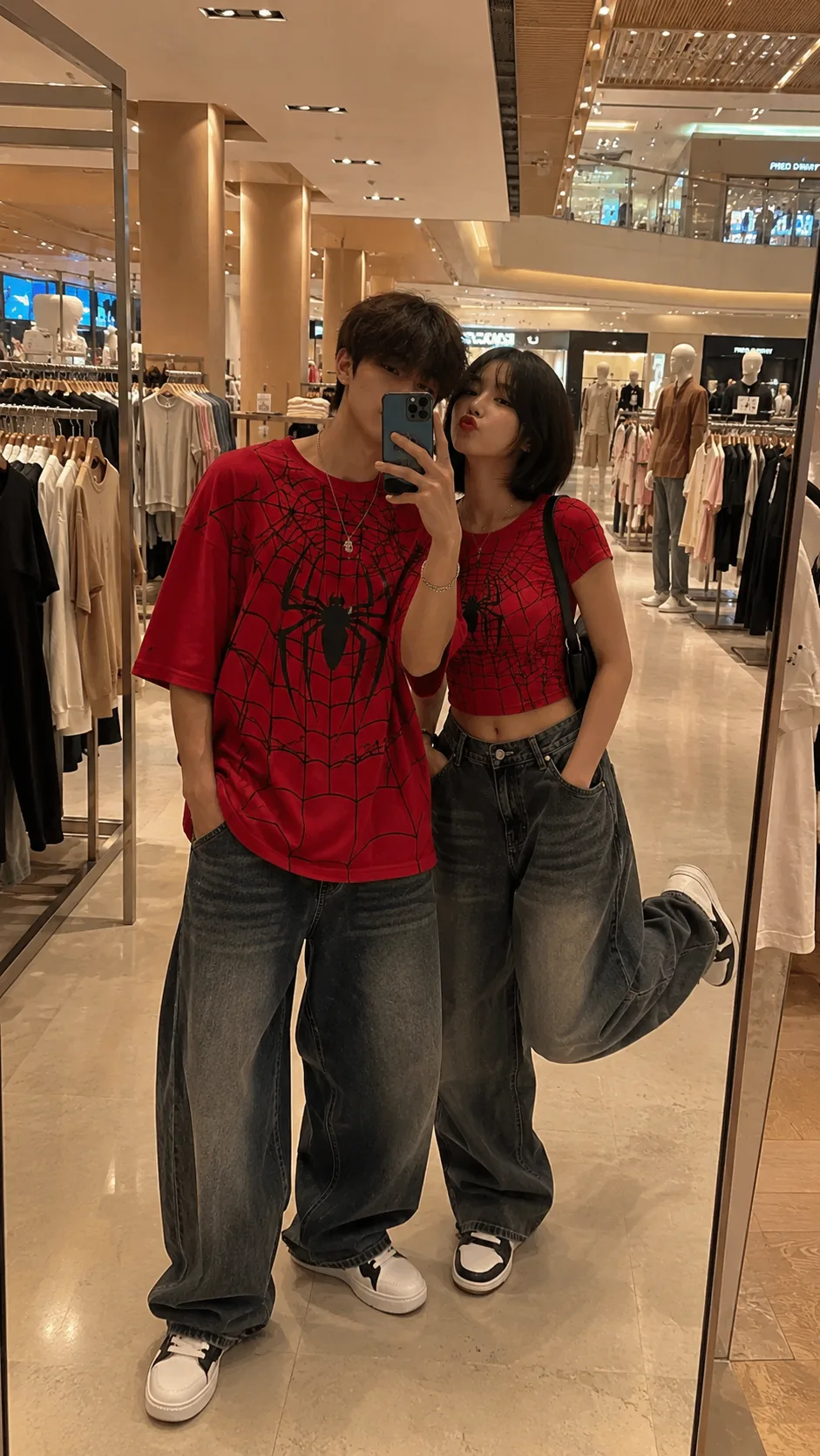 🎨 VISUAL STYLE Ultra-photorealistic smartphone mirror selfie × contemporary couple fashion editorial × superhero-inspired streetwear ×