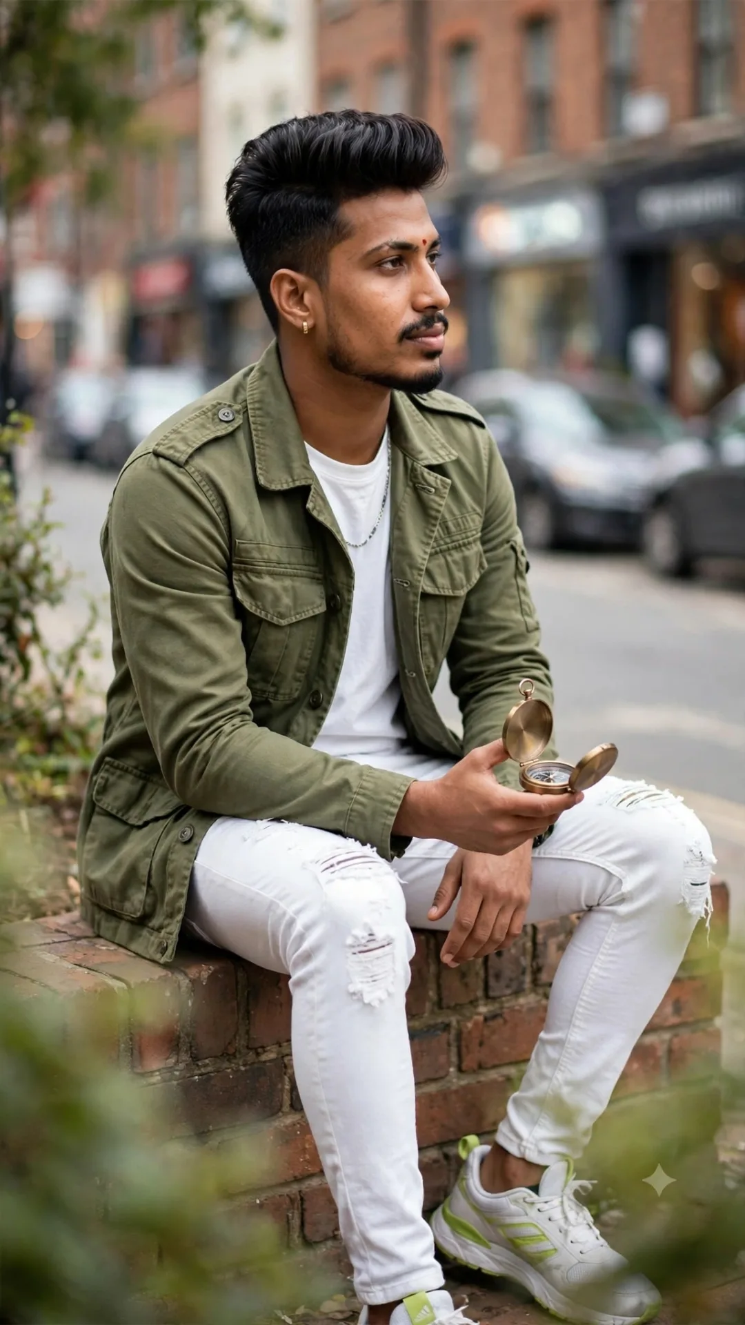 A high-quality lifestyle portrait of a handsome young South Asian man sitting outdoors on a brick ledge.