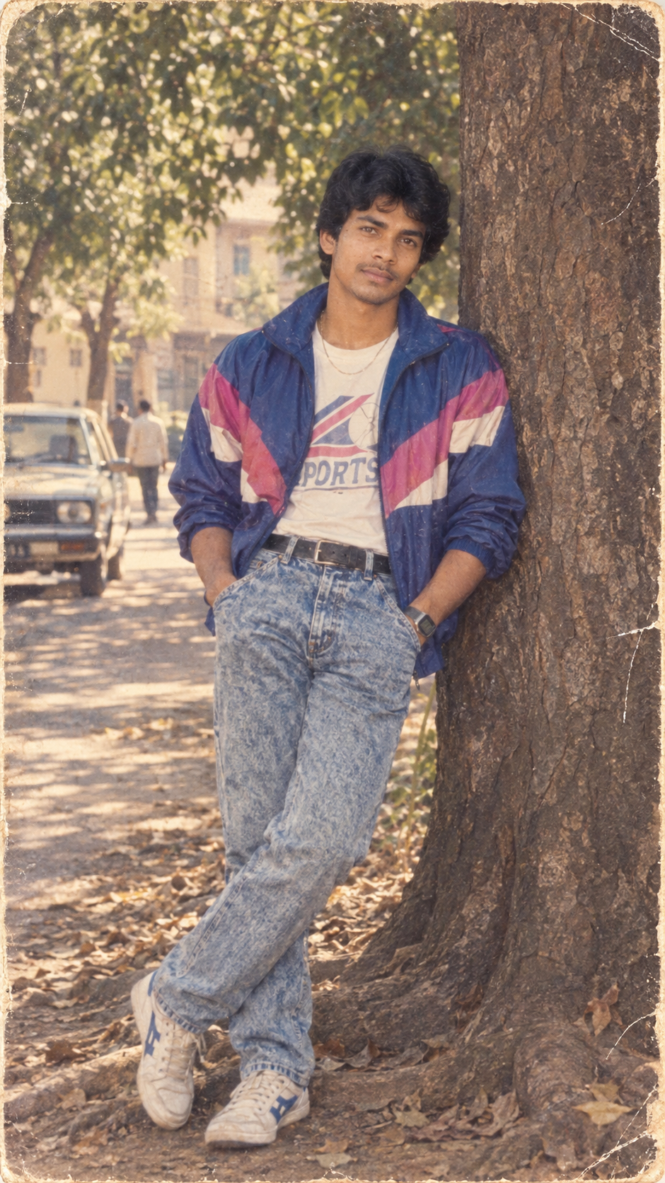 Create an ultra-realistic vertical 9:16 portrait that looks like an authentic Indian photograph shot and printed in the 1980s.