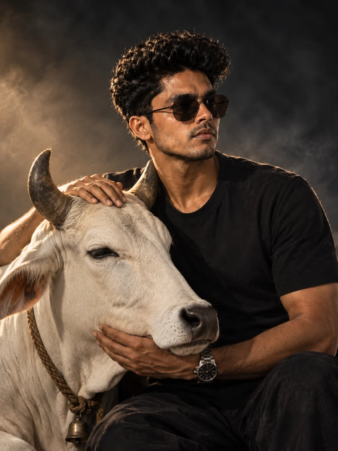 Detailed Image Generation Prompt > Prompt: A studio portrait of a 26-year-old South Asian man with curly black hair, a well-groomed beard,