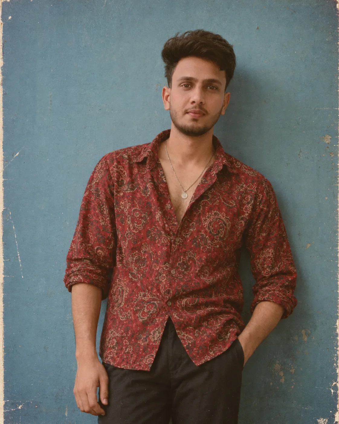 Create a highly realistic vertical 4:5 vintage 1990s-style portrait of a fictional young man in an intimate studio/editorial setting.