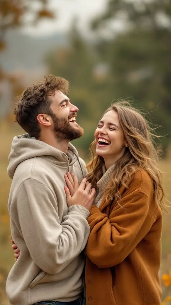 A candid, heartwarming photorealistic portrait of a young couple laughing out loud together outdoors.