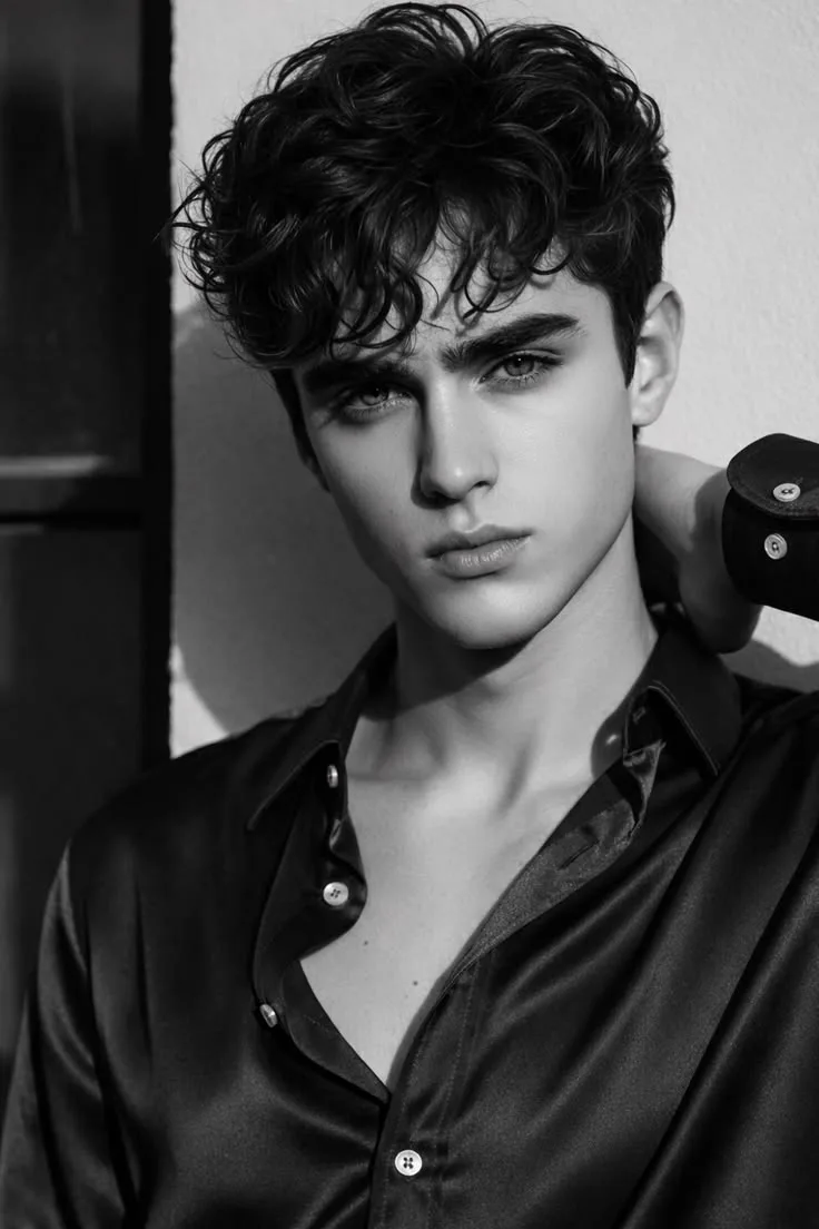 A stunning black and white high-fashion portrait of an attractive young man looking directly into the camera.