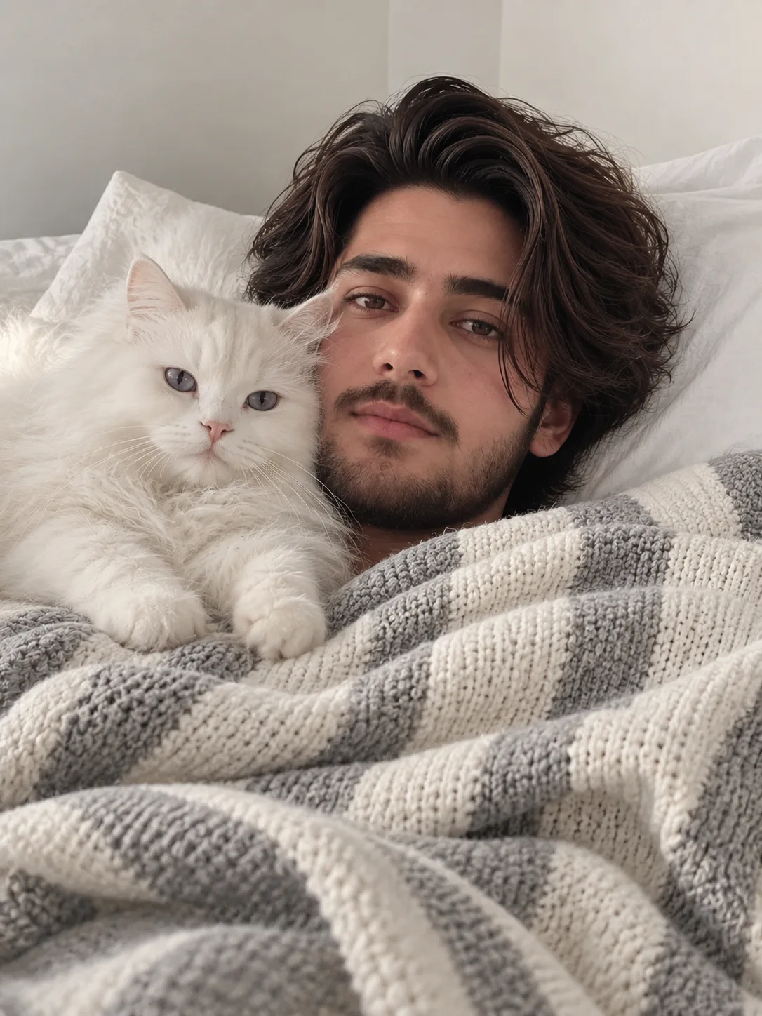 **Ultra-realistic cozy lifestyle photograph of a handsome young adult man lying comfortably on a bed or sofa beside a fluffy long-haired