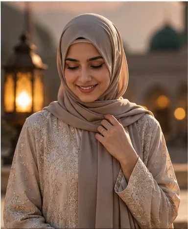 Create a highly photorealistic cinematic portrait of a young Muslim woman wearing an elegant taupe-beige hijab, naturally and modestly