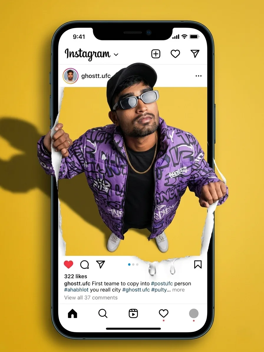 Create an Ultra-realistic photo composite of uploaded person breaking out of an Instagram post frame.