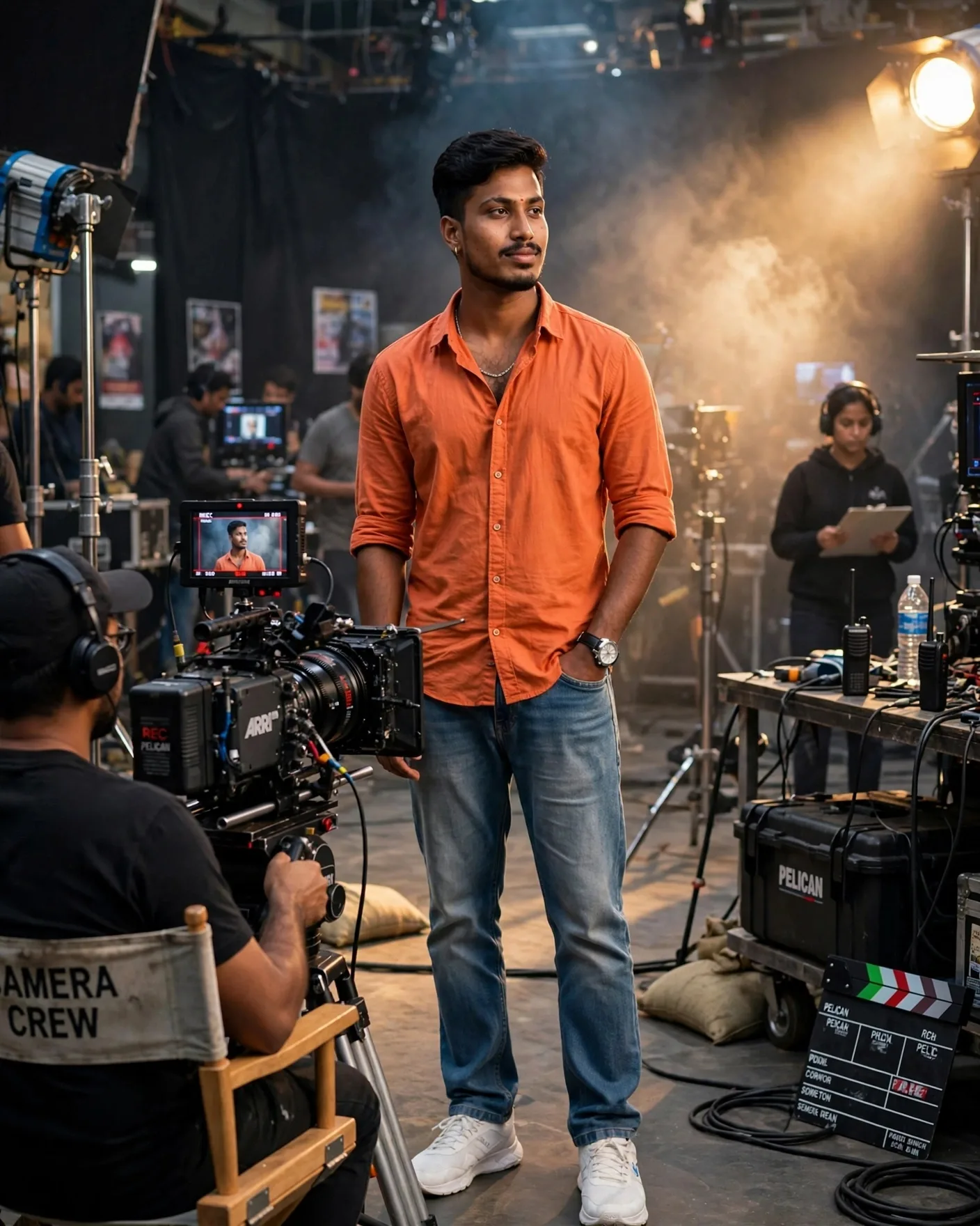 Create an ultra-realistic full-body cinematic portrait of a confident young South Asian male actor on a professional movie set.