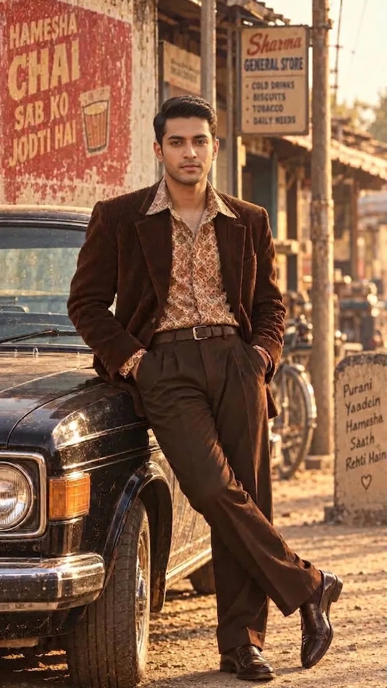 A high-resolution retro portrait of a stylish young South Asian man in his early 20s with clean-shaven face and neatly styled dark hair.