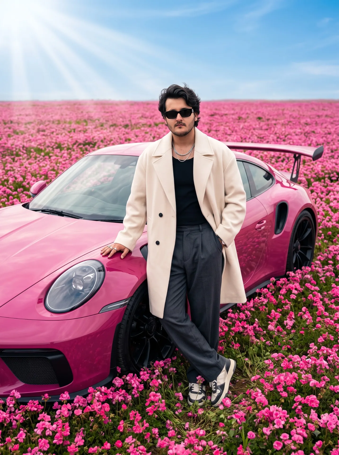 Cinematic full-body luxury automotive fashion portrait of me in a vast open field completely covered with vibrant pink wildflowers, posing